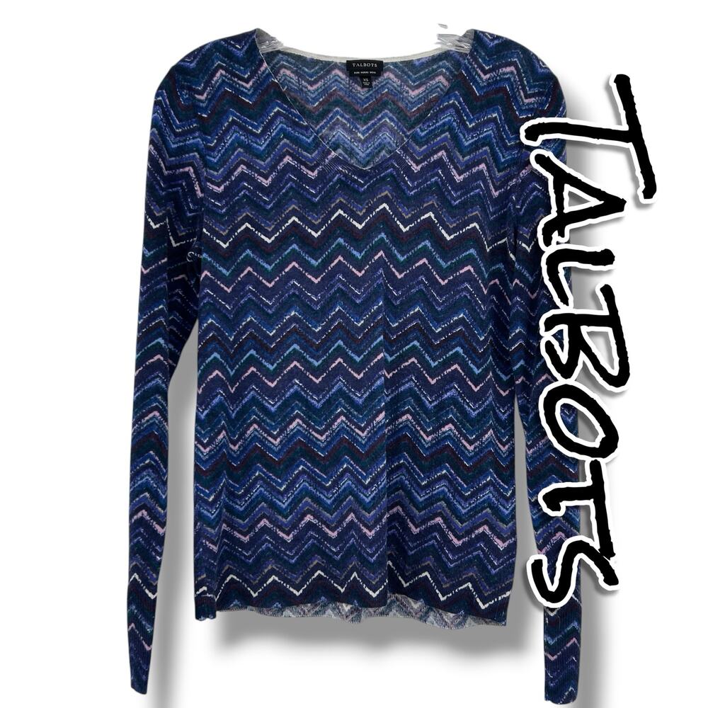Talbots Pure Merino Wool Sweater XS Blue Multicolor Chevron V Neck Lightweight